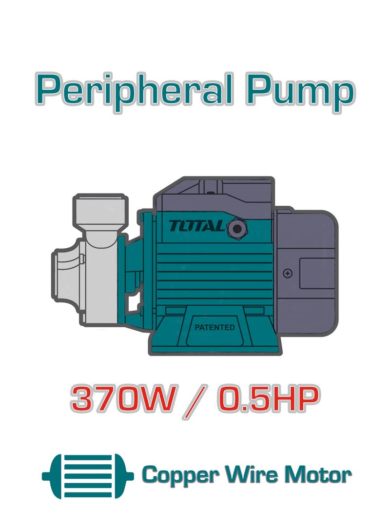 TOTAL Stainless Steel Peripheral Water Pump, 370W 0.5HP, 1" x 1" Pipe Diameter, 35m Max Head, 35L/min Max Flow, Copper Wire Motor, Brass Impeller, 220-240V - Image 3